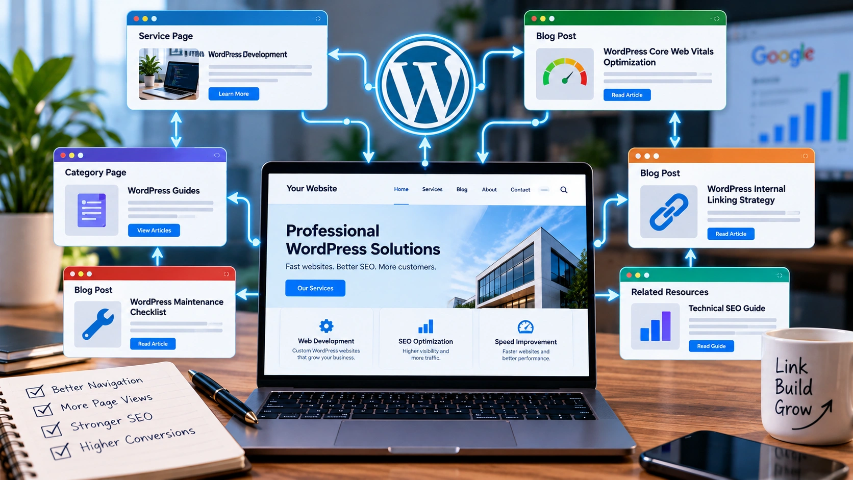 WordPress website structure showing internal links between pillar pages, blog posts and service pages.