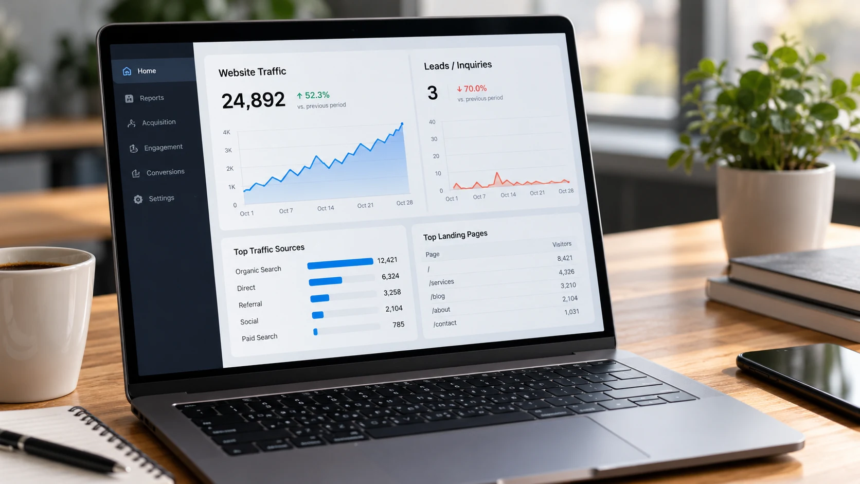 Website analytics dashboard showing growing visitor traffic but very few lead conversions.