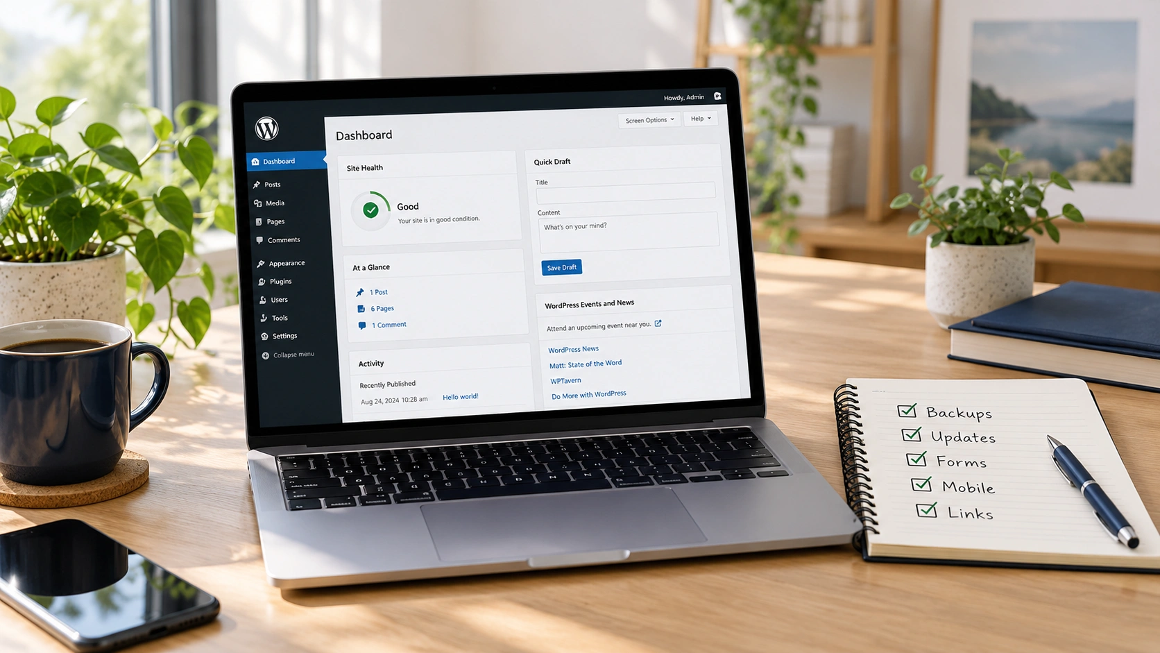Laptop displaying a WordPress dashboard beside a notebook with maintenance check marks.
