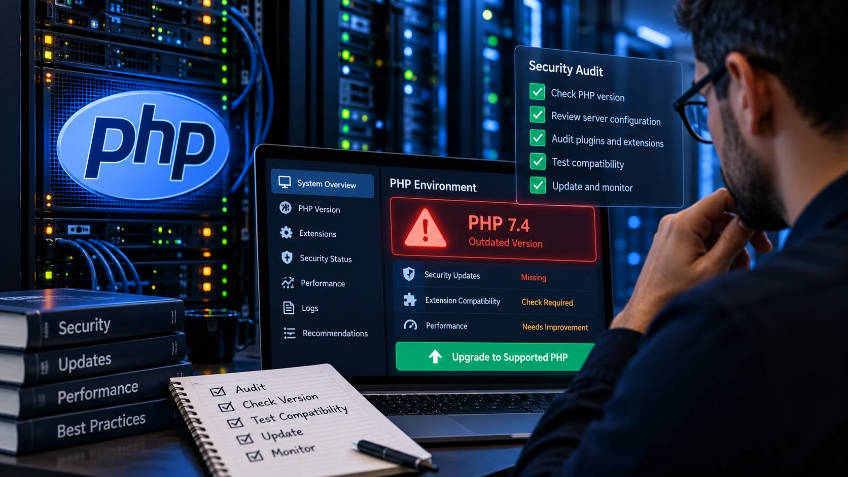 PHP server environment undergoing a security and version audit before a software upgrade.