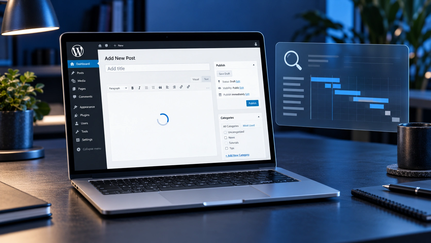 Laptop showing a WordPress dashboard with a loading indicator and performance diagnostics.