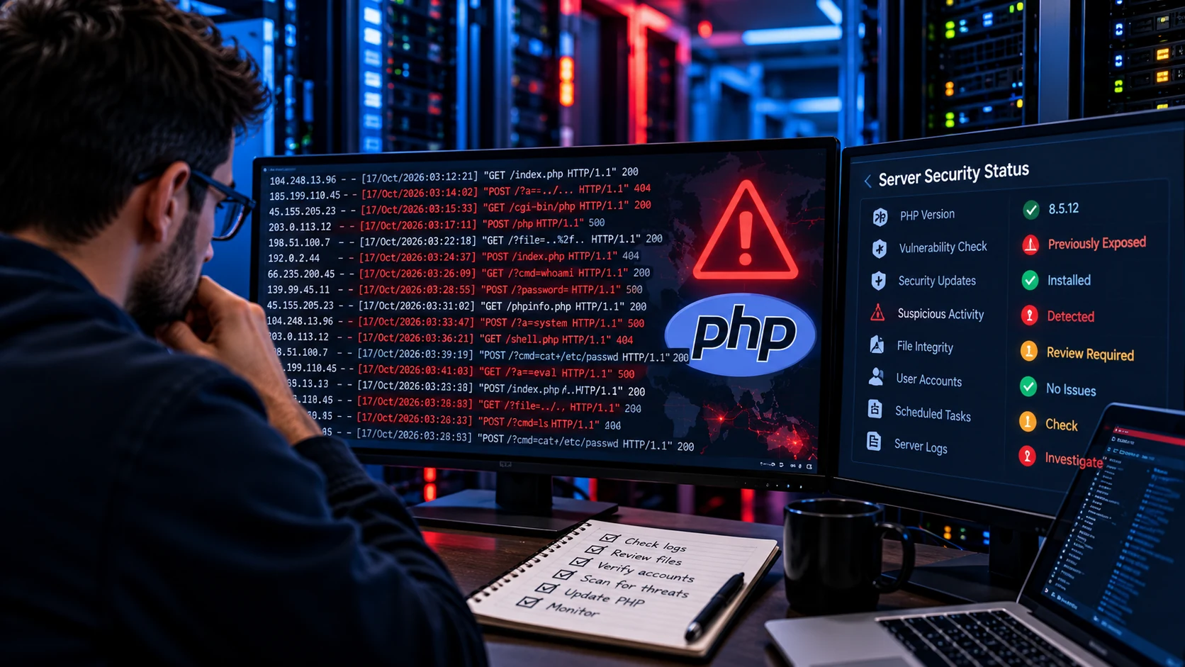 PHP server undergoing a security investigation after possible PHP2Shell exploitation.