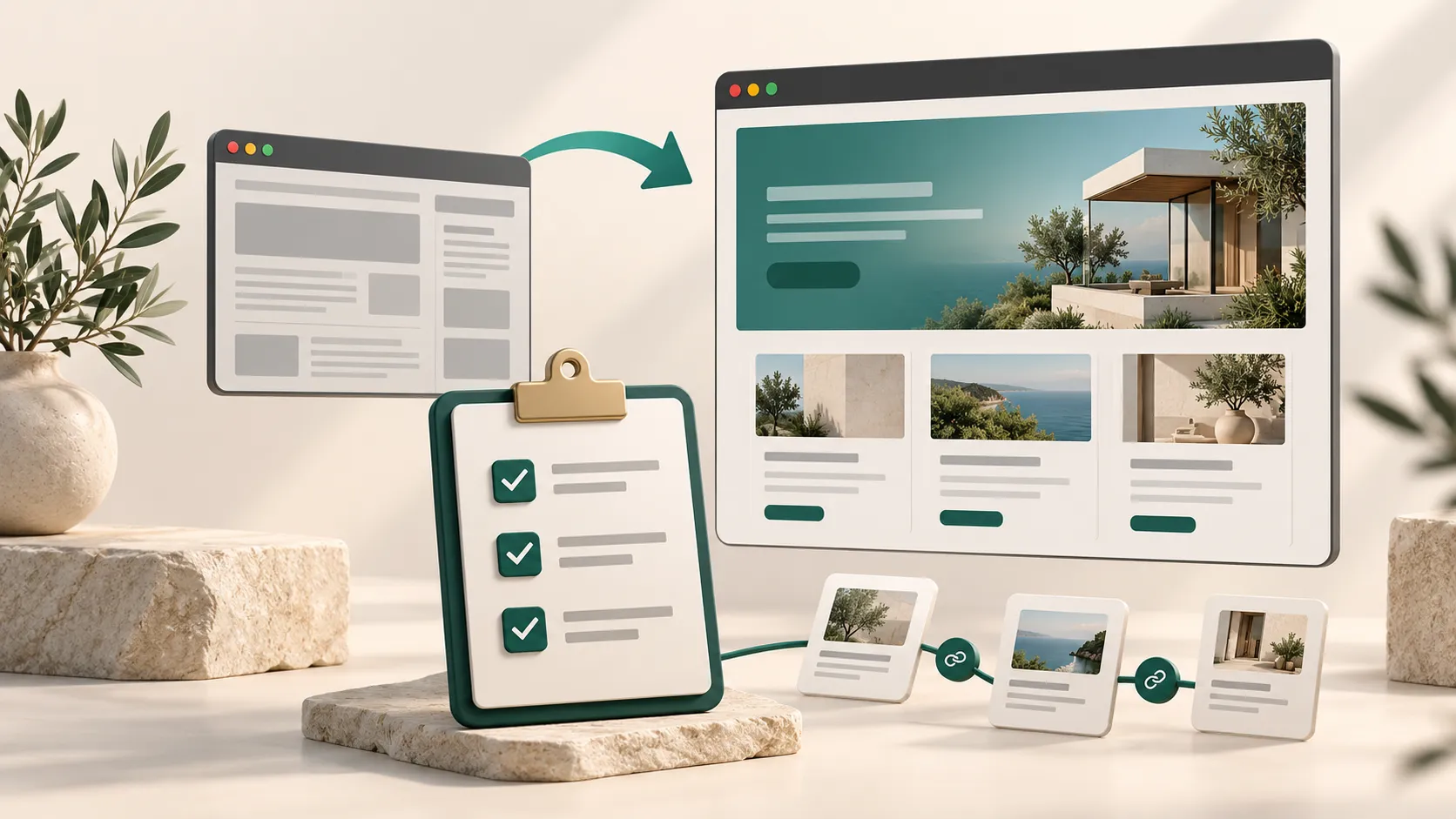 Existing and redesigned WordPress pages beside a website launch checklist.