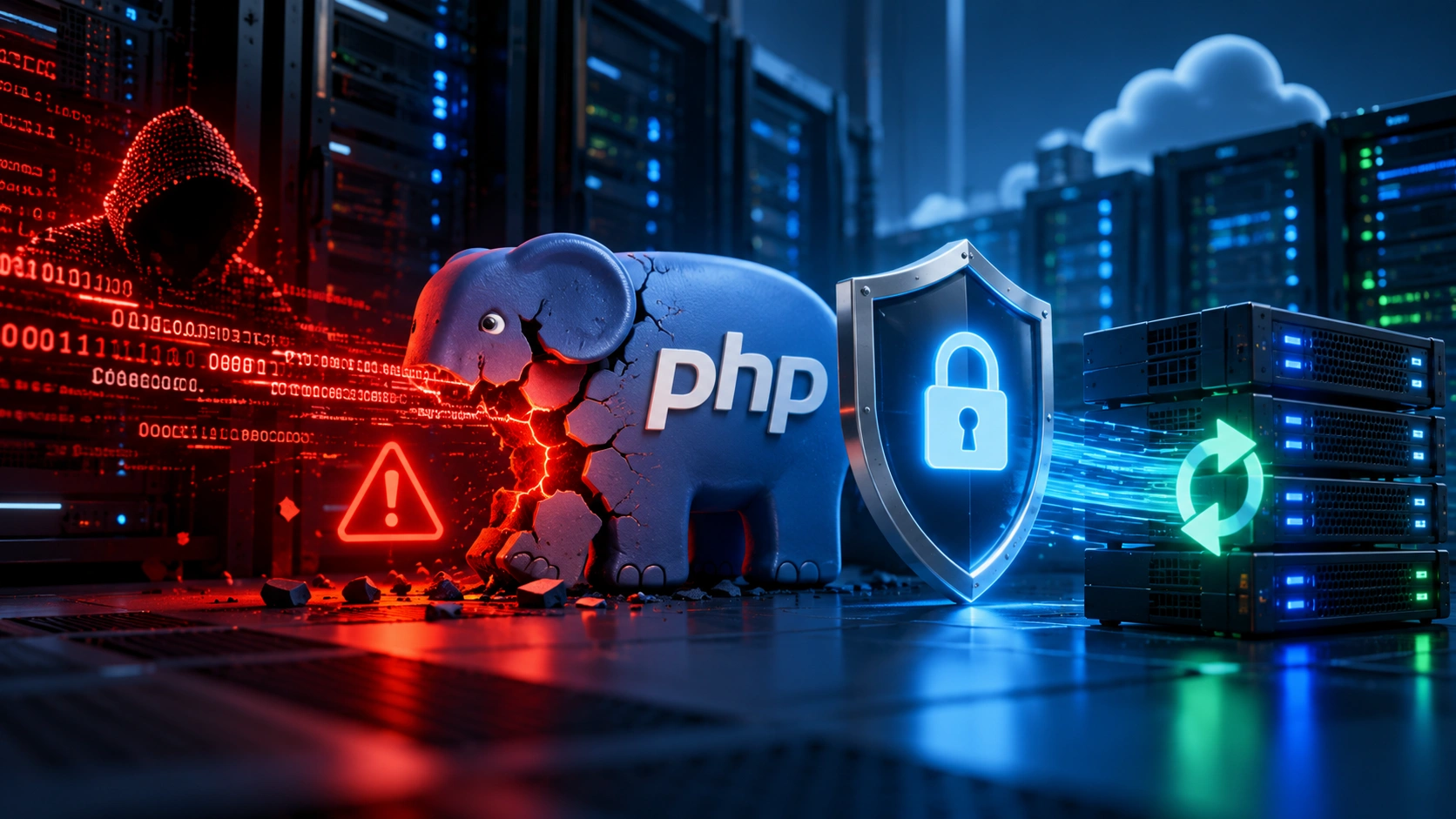 Server infrastructure security alert representing critical PHP vulnerabilities and the PHP2Shell security update.