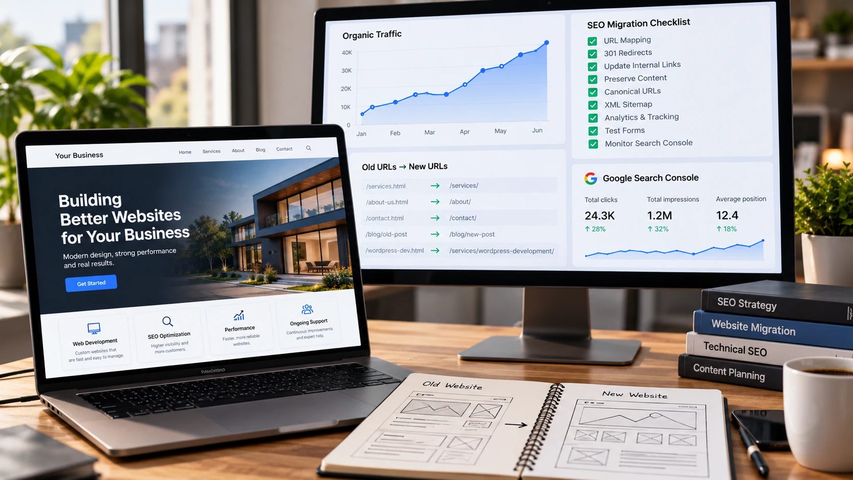 Website redesign project showing SEO analytics, URL migration planning and a new website layout.