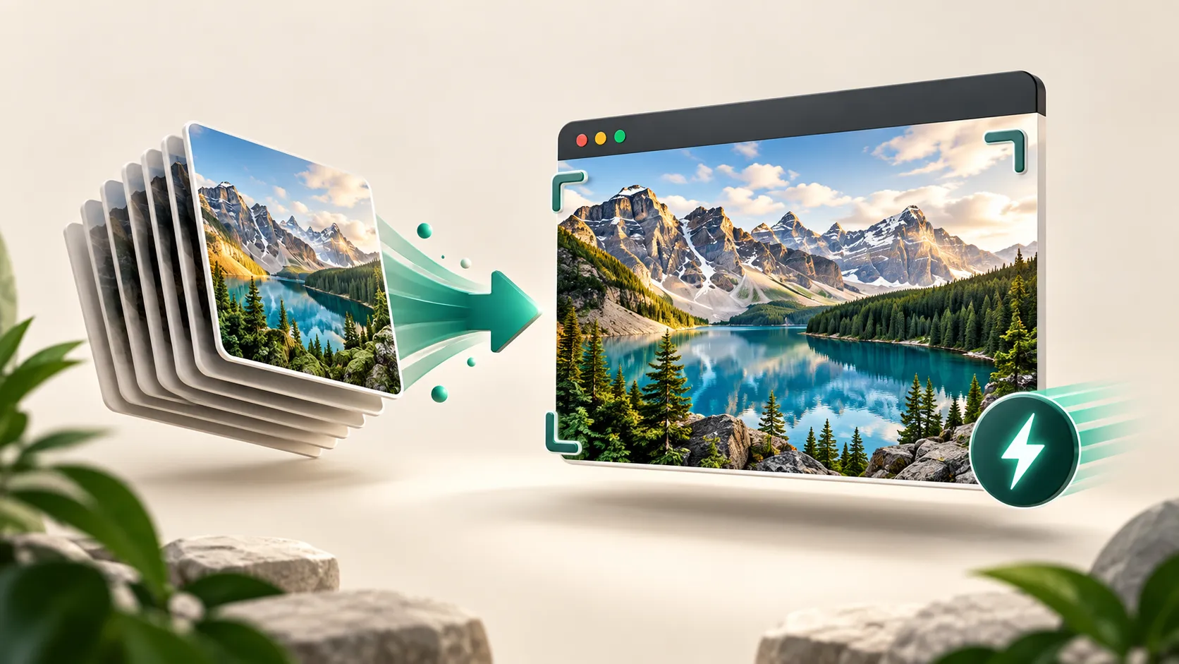 Illustration of image optimization with stacked photo cards, a sharp browser preview and a loading-speed symbol.